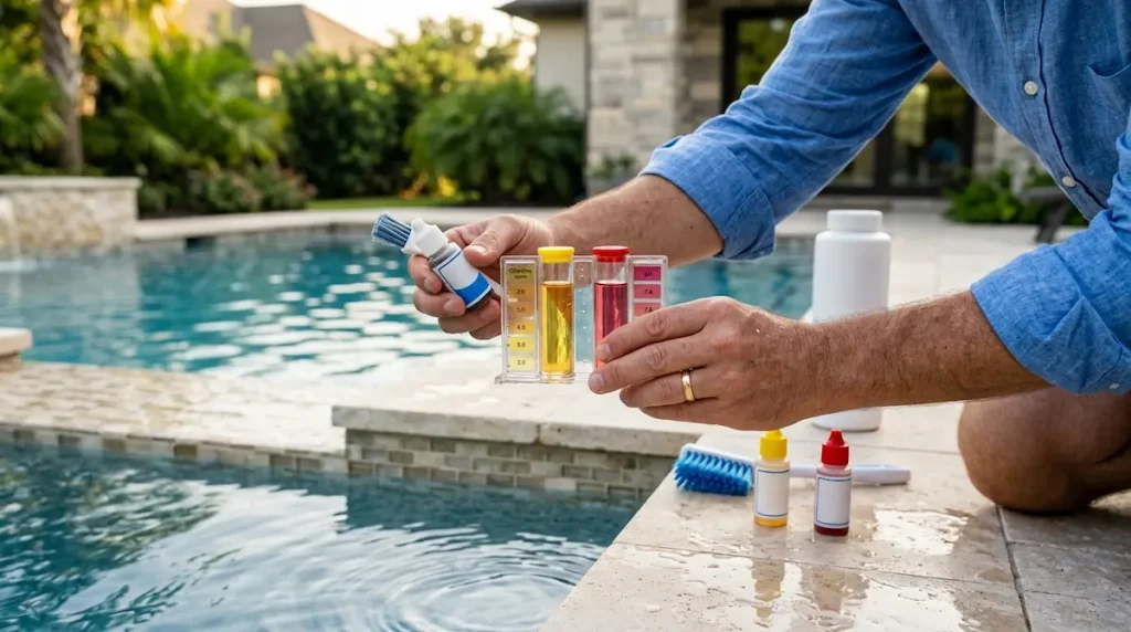 Testing cloudy pool water with a liquid test kit at the pool's edge