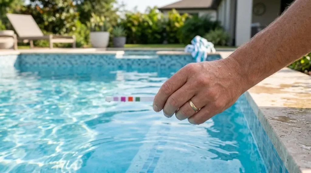 Homeowner reading a free chlorine test strip at the pool edge before swimming after shocking