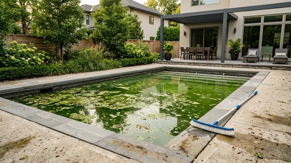 Backyard pool with cloudy green algae water before treatment